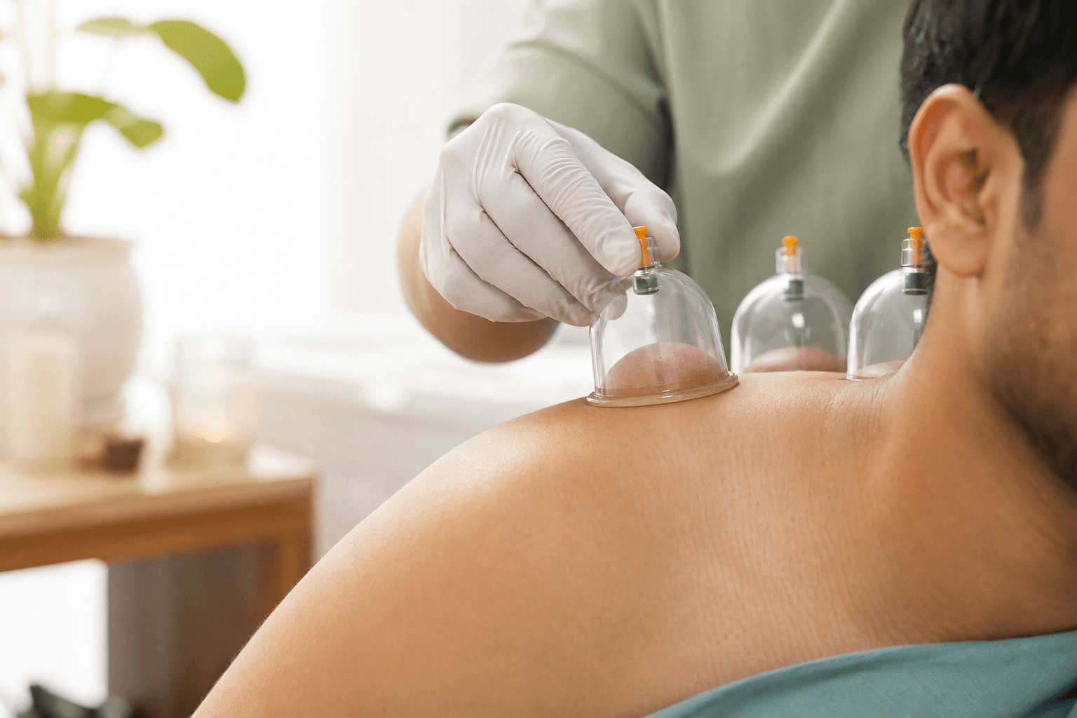 কাঁধে স্বচ্ছ কাপের suction নিয়ন্ত্রণ করছেন গ্লাভস পরা থেরাপিস্ট